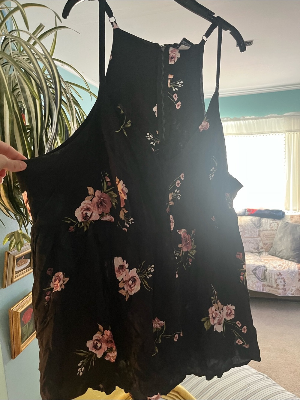 Black Floral Tank with Pink Rose Print